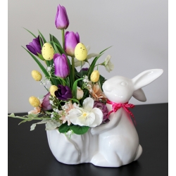 STROIK WIOSNA Ceramiczny BIAŁY ZAJĄC z kwiatami odc. FIOLET BIEL